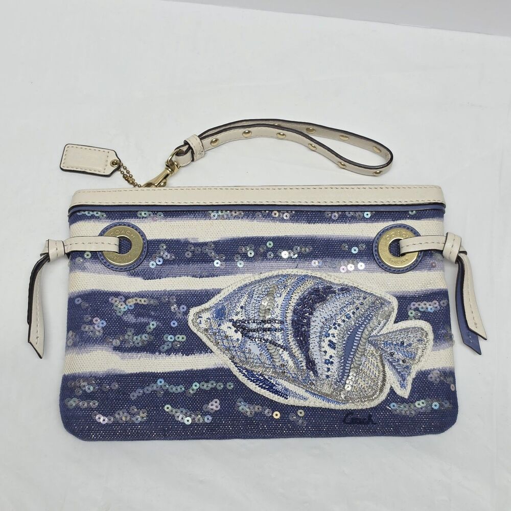 Coach Audrey Blue Sequined Fish Canvas Studded Wristlet Clutch Bag Y2K